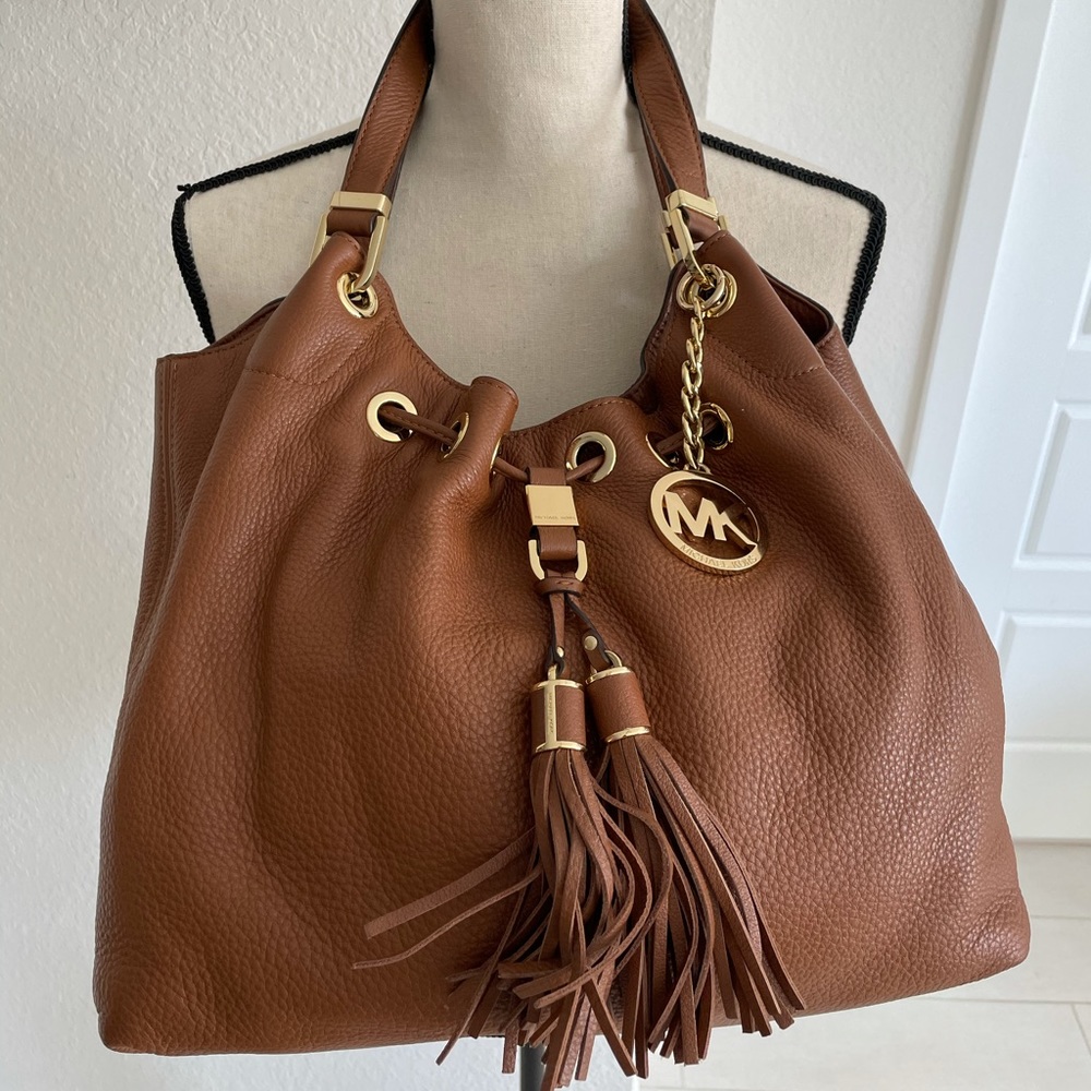 Michael Kors Brown Leather Drawstring Hobo Bag Gold Hardware Tassel